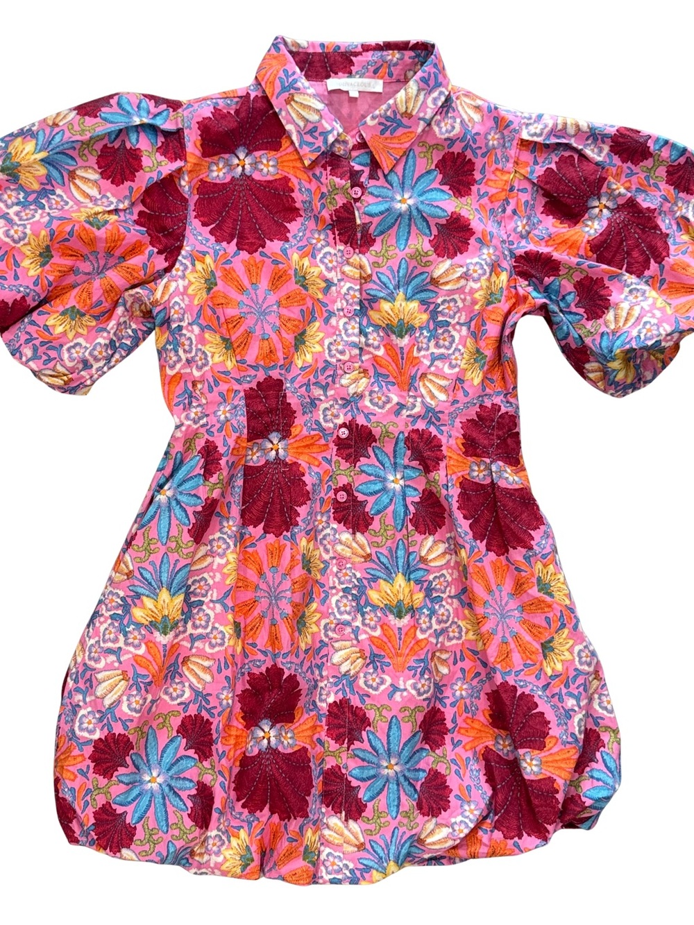 Floral Puff-Sleeve Button-Front Mini Dress in Pink - 100% Cotton - Picture 2 of 11